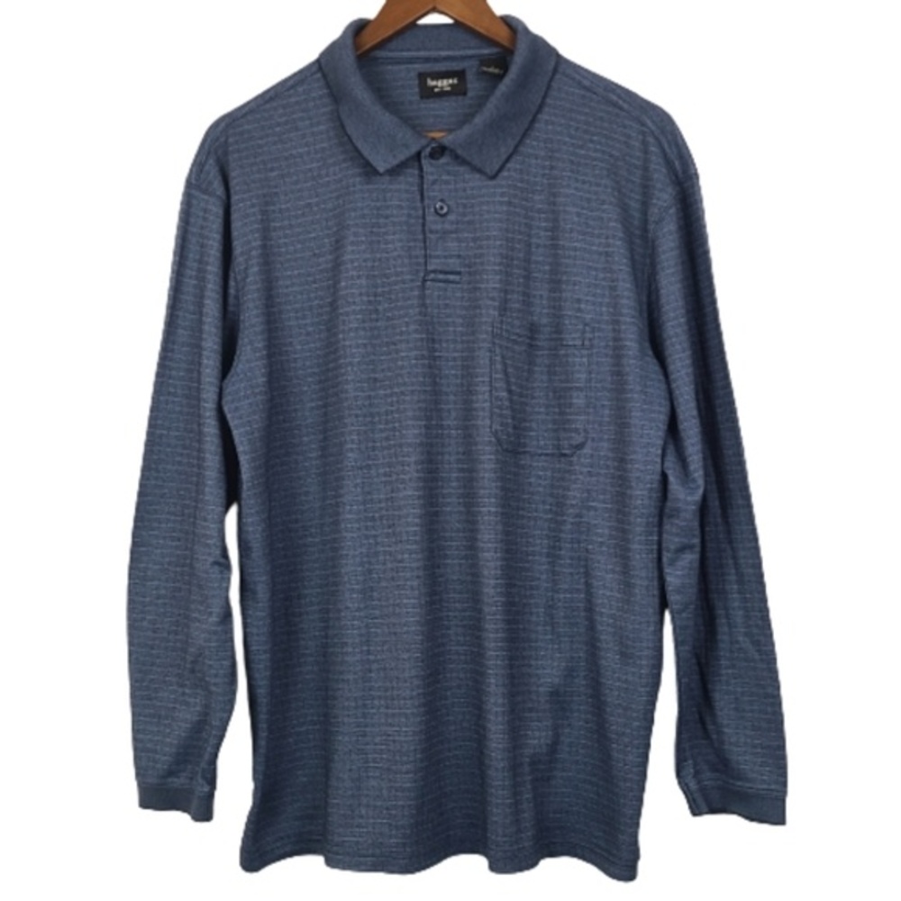 Haggar Men's Large Long Sleeve Polo Shirt Blue Textured Knit Cotton Blend
